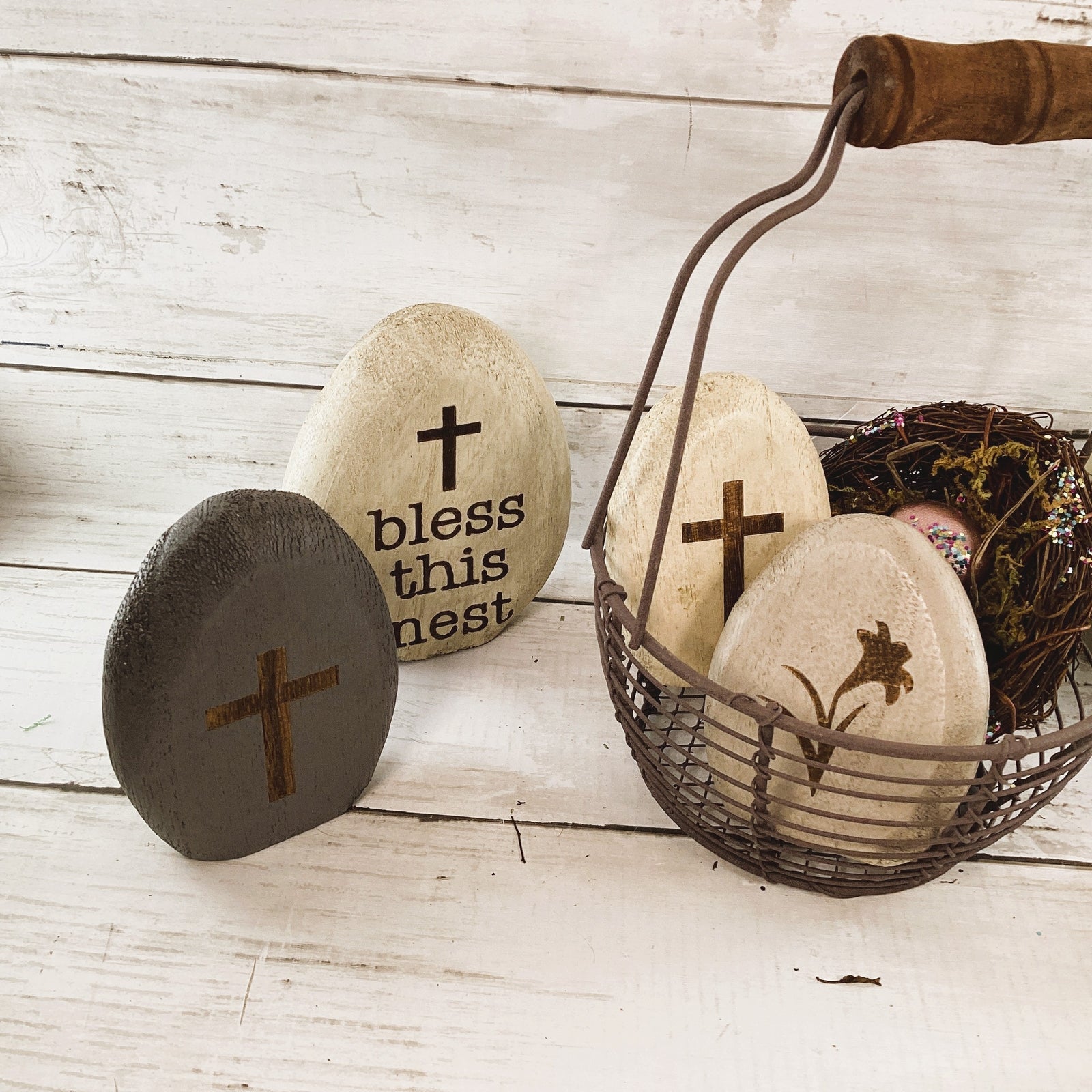 CWI Easter Decor - Prim Egg Basket Wood Eggs Birds Nest