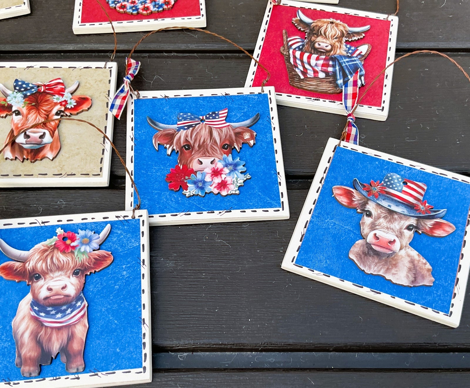 AGD Patriotic Decor - July 4th Highland Cow Metal Star Ornaments 9pc Set