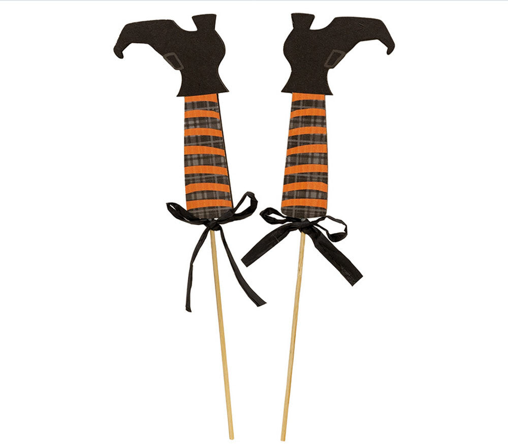 CWI Halloween Decor - Witch Feet Boot Wood Plant Pokes Pick 2pc