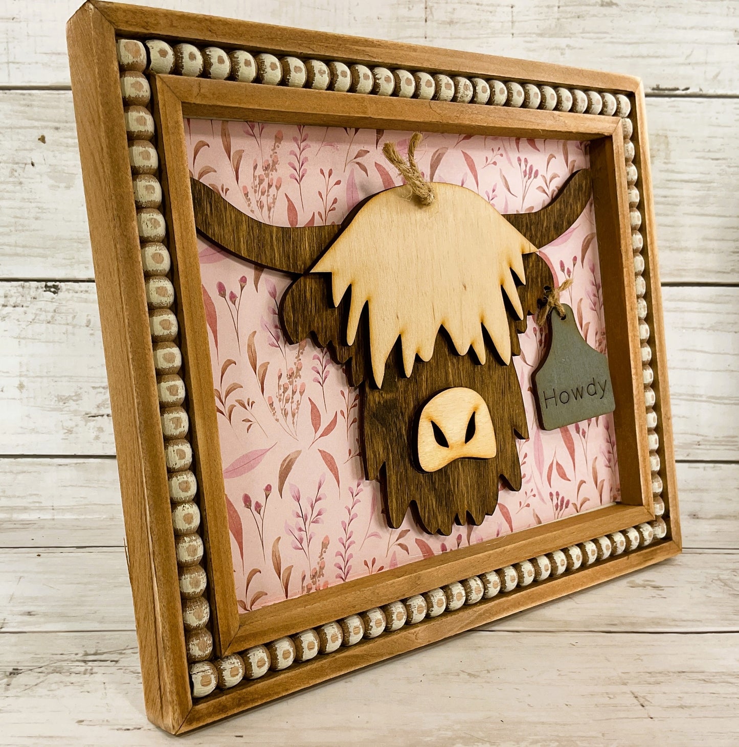 AGD Fall Decor - Pink Harvest Howdy Highland Cow Head Easel-back Sign