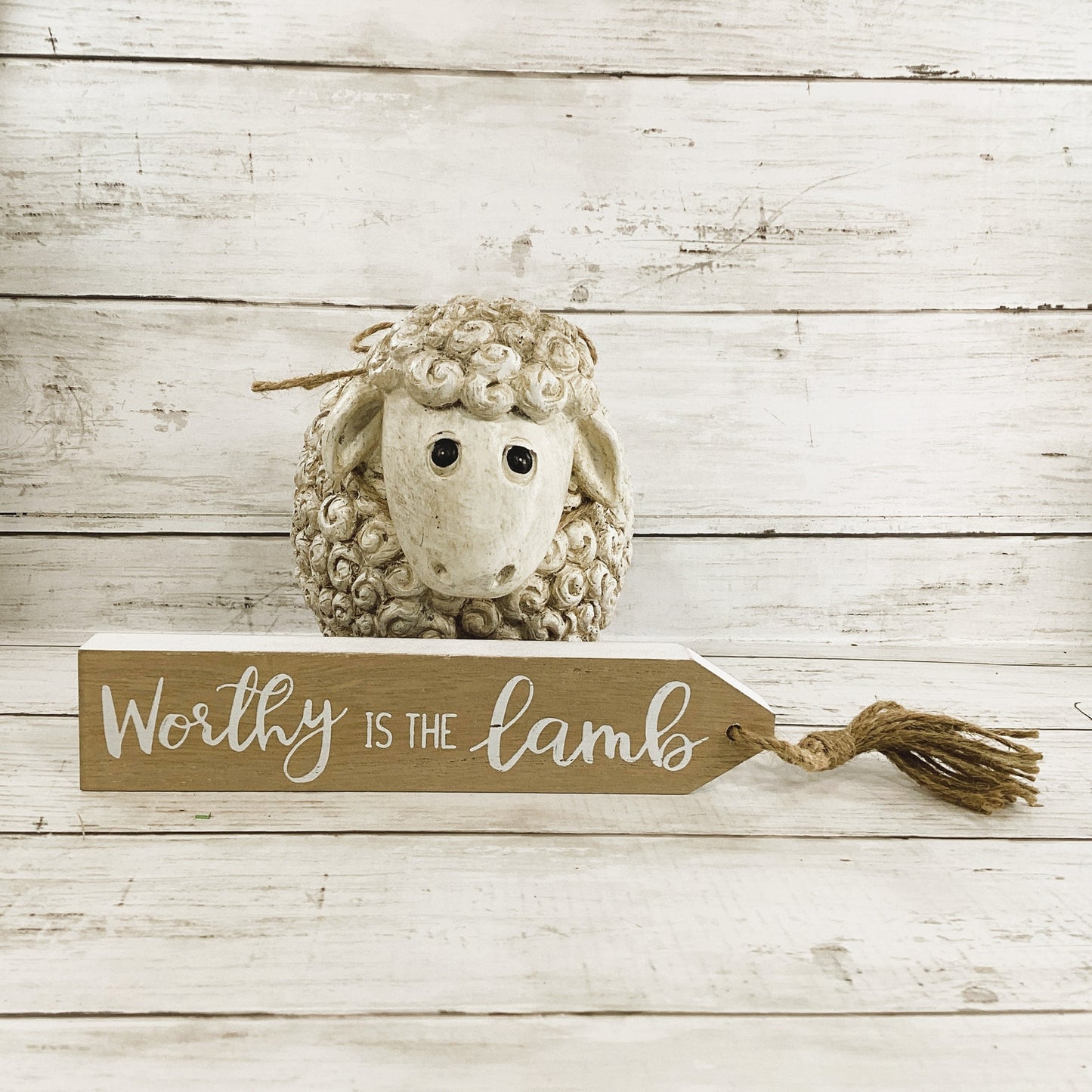Easter Decor - Resin Curly Sheep Worth is the Lamb Sign 2pc Set