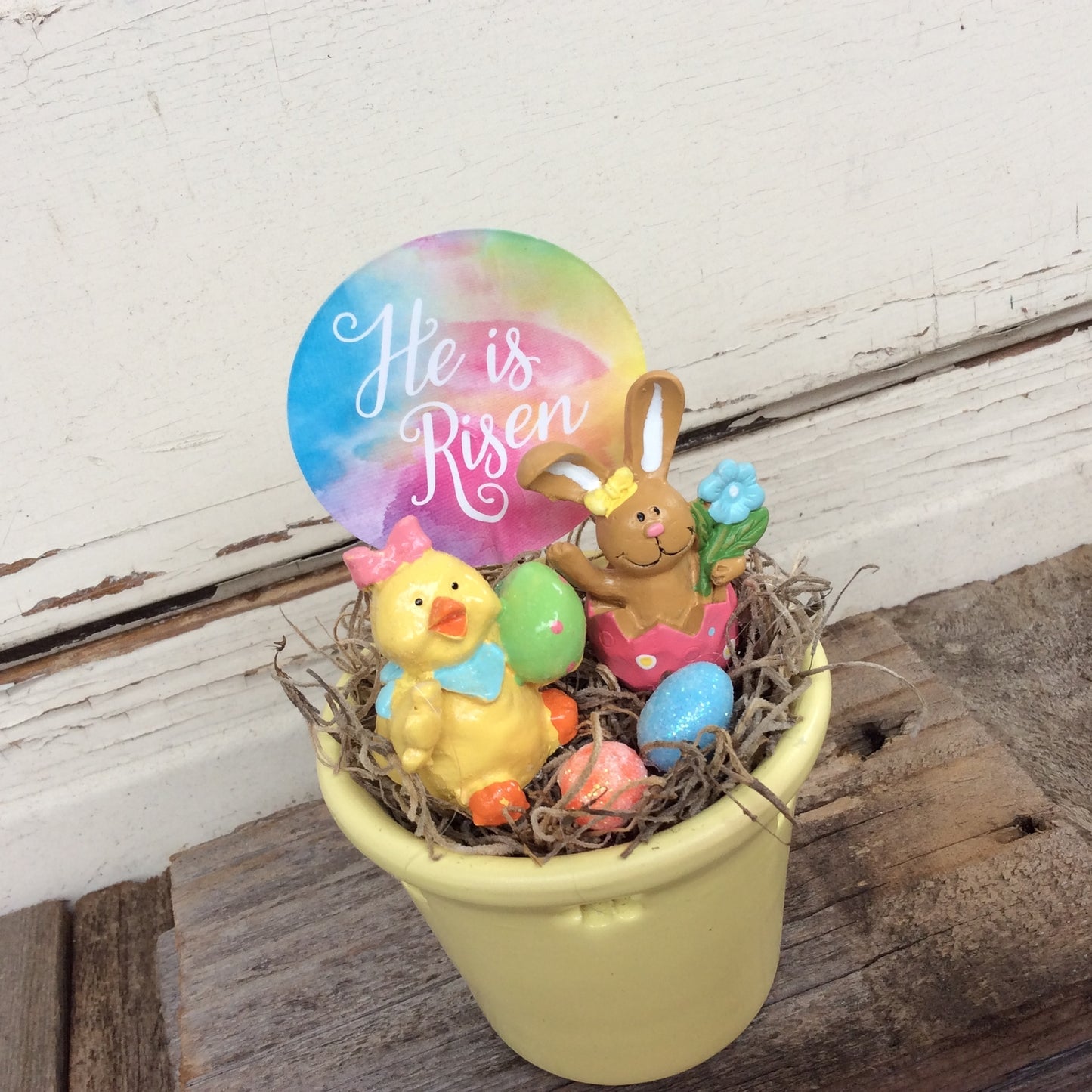 AGD Easter Decor - He is Risen Bunny and Chick Yellow Display