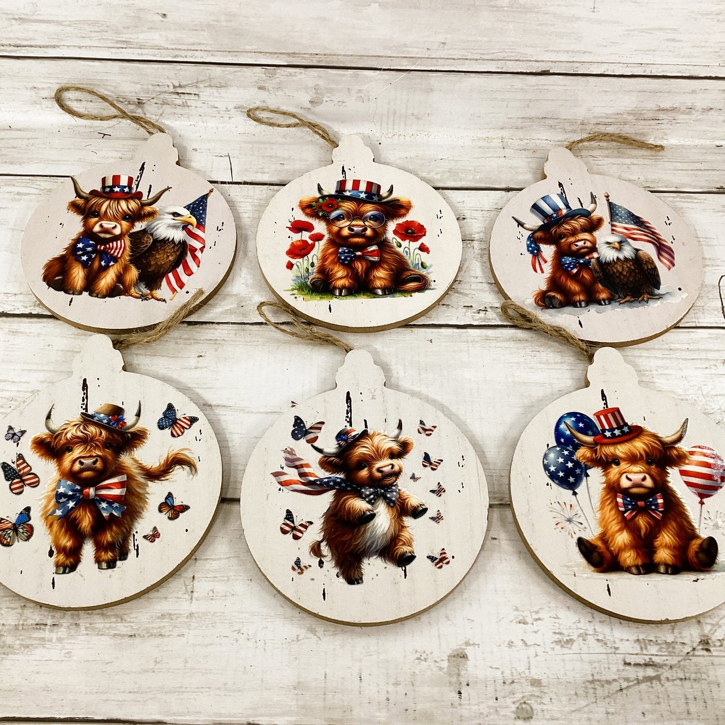 AGD Patriotic Decor - July 4th Highland Cow Ornaments 12pc Set
