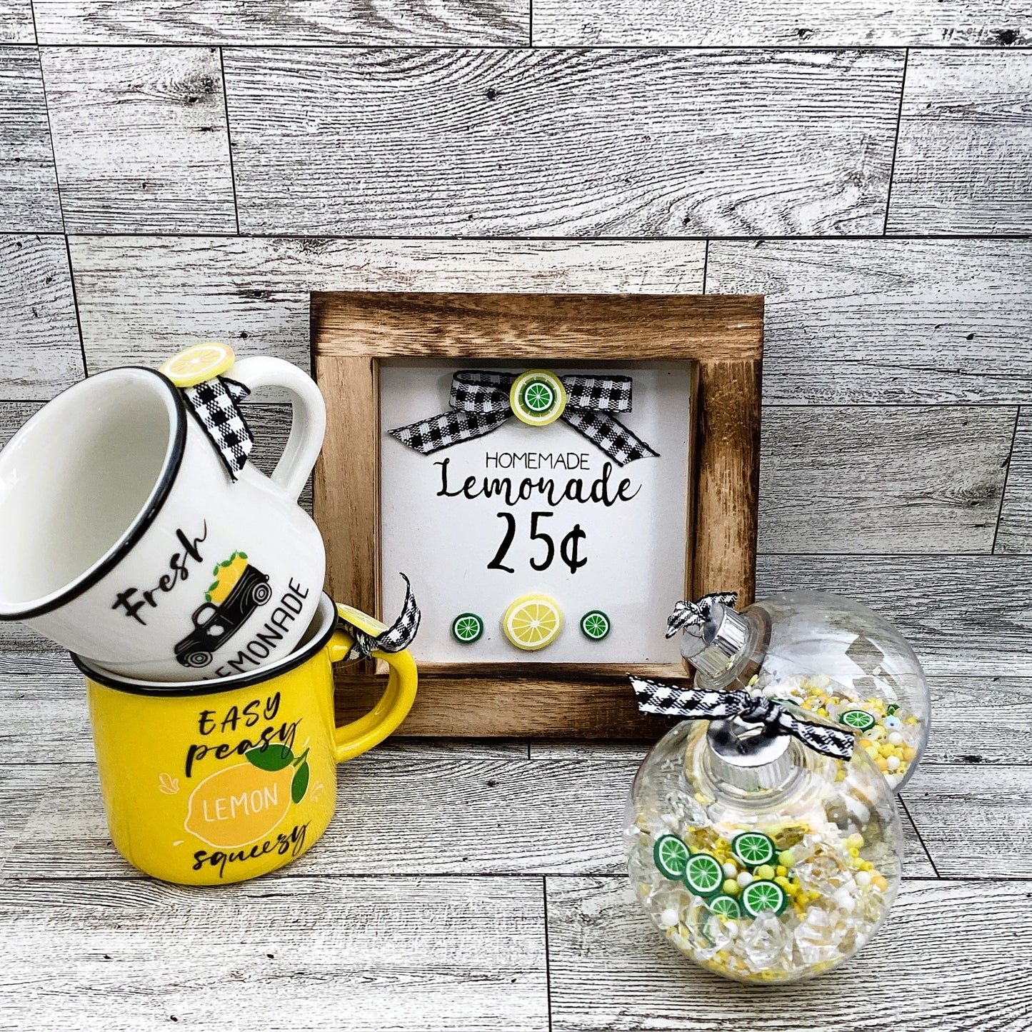 Summer Decor Lemon Mini Mug Shaker Cup, Homemade Lemonade Sign 3pc Set