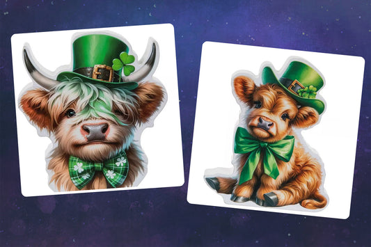 HL St Patrick Decor - Irish Shamrock Highland Cow Chunky Wood Sitter