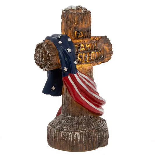 HL Patriotic Decor - Resin Light Up American Flag Draped Light Up Cross