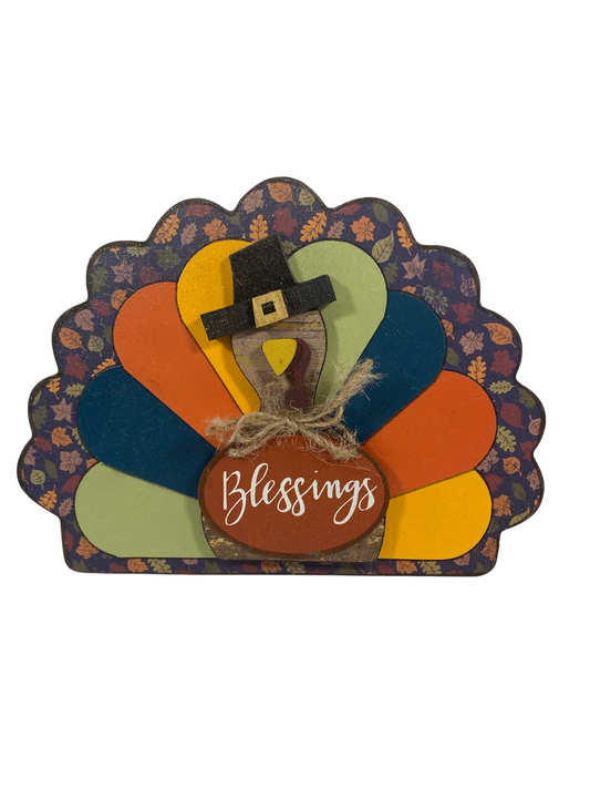 AGD Fall Decor - Reversible Blessed Chunky Wood Turkey Sign