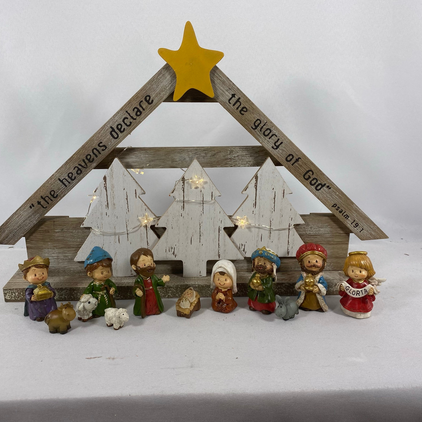 AGD Christmas Decor - Resin Children Nativity Lighted Stable Wood Manger Set