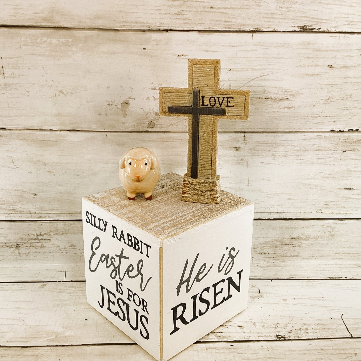 Easter Decor - Resurrection He Lives Risen Love Cross Lamb 3pc Set