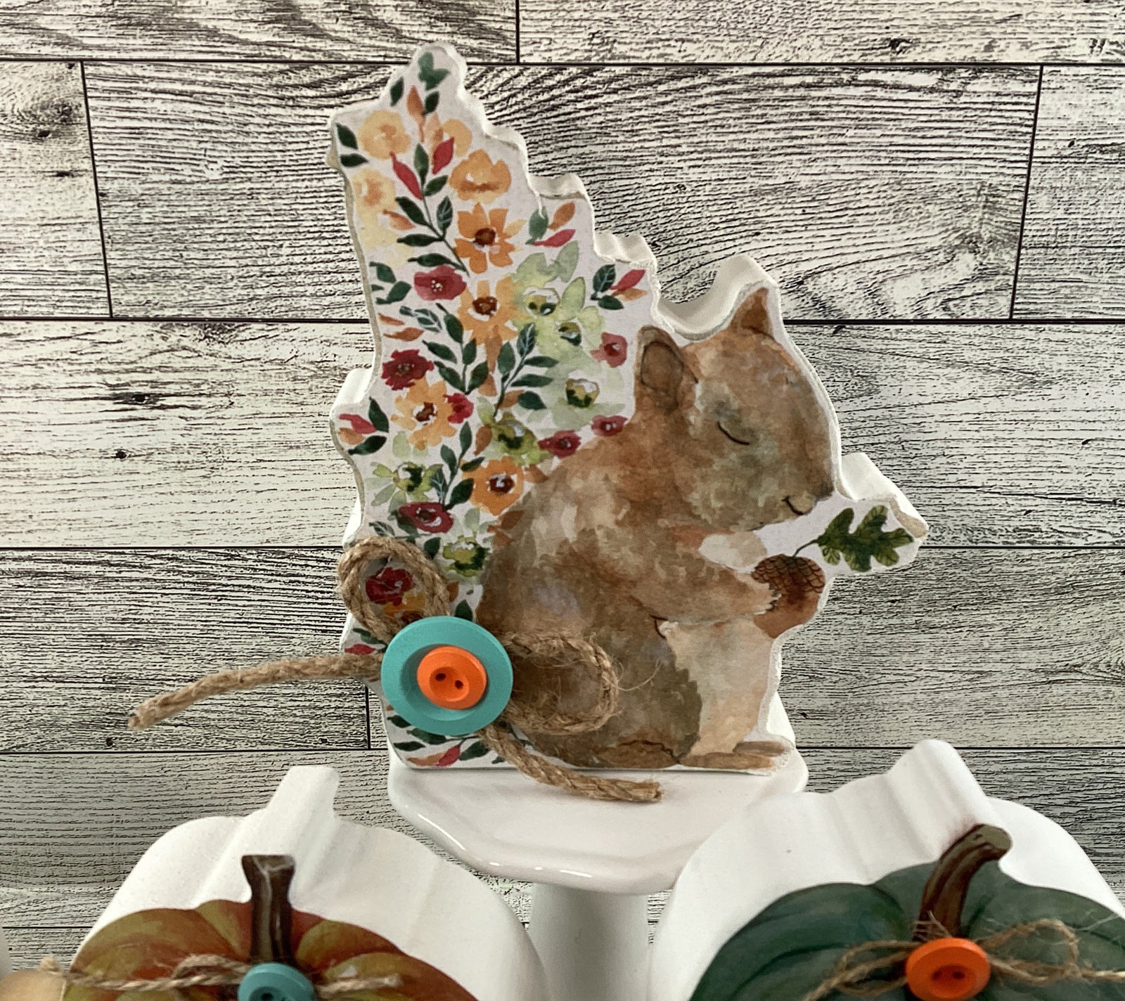 AGD Fall Decor - Chunky Wood Fall Pumpkins Water Color Squirrel 2pc