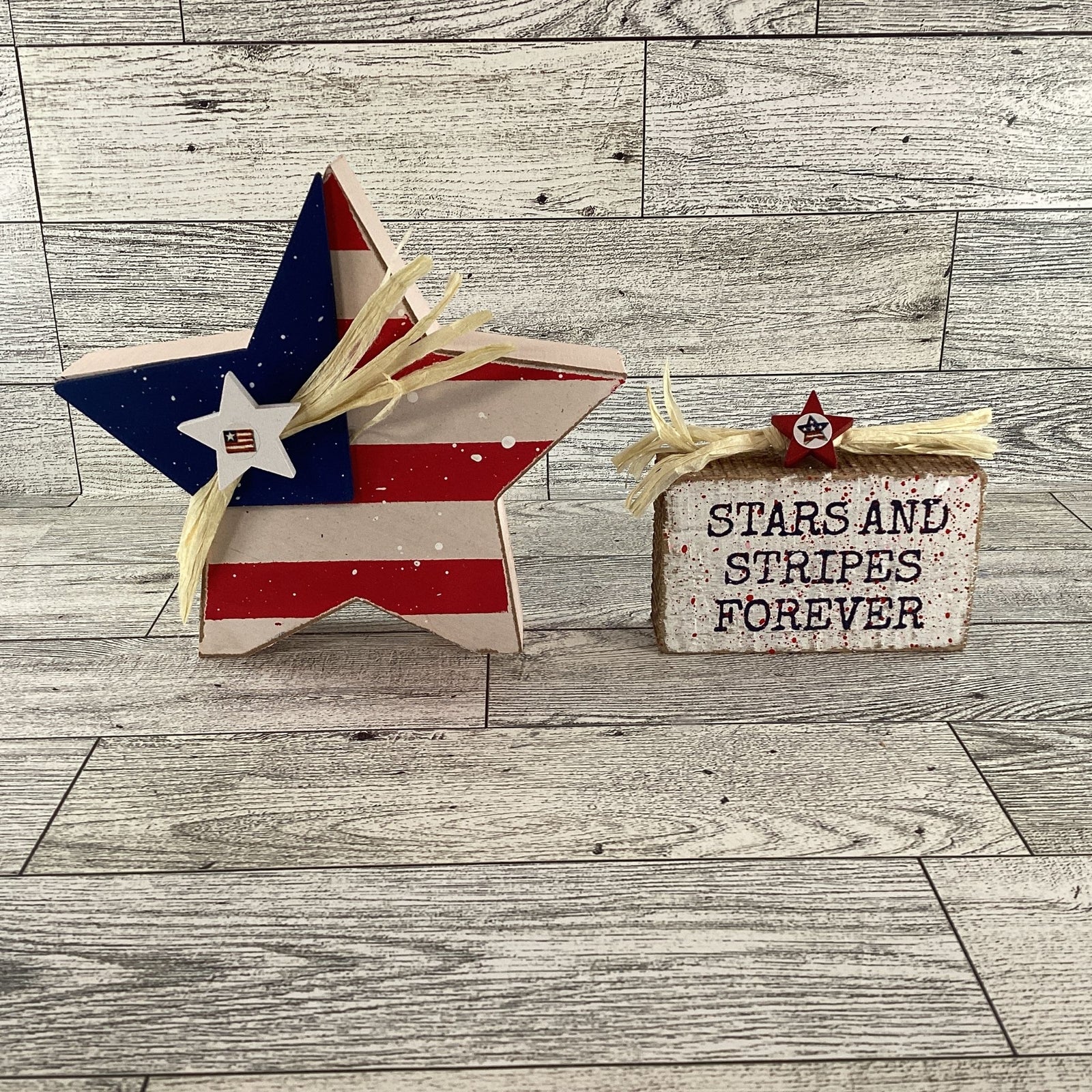 AGD Patriotic Decor - Stars Stripes Block Sign Chunky Wood Star Sitters 2pc Set