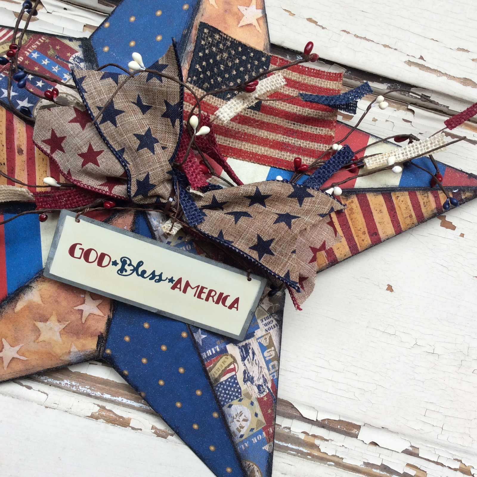AGD Patriotic Decor - God Bless America Prim Distressed 3-D Metal Star