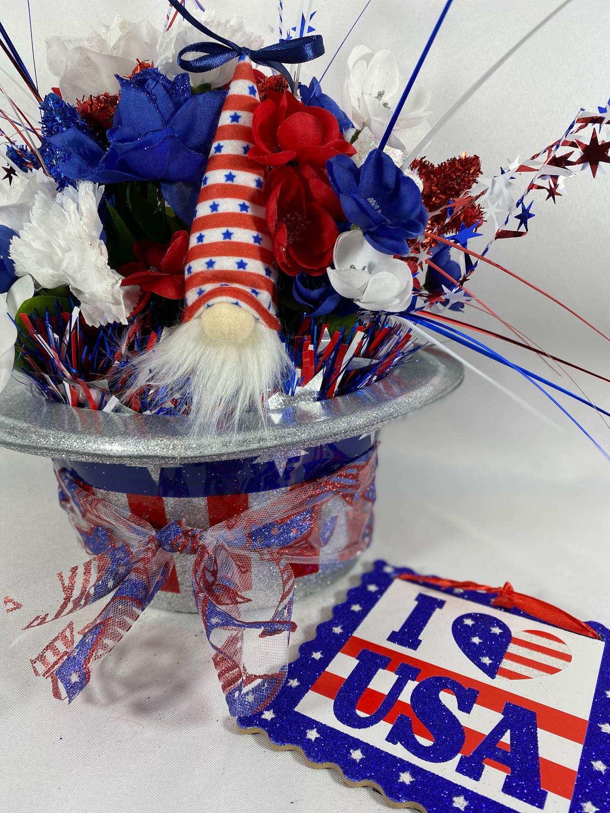 AGD Patriotic Decor  - Love the USA July 4th Gnome Floral Hat Centerpiece