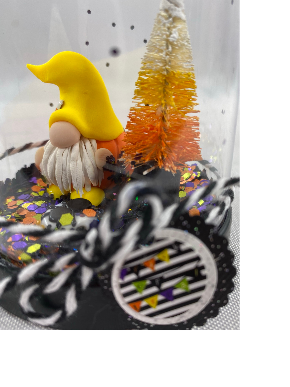 AGD Halloween Decor - Candy Corn Clay Gnome Plastic Cloche Small Dome