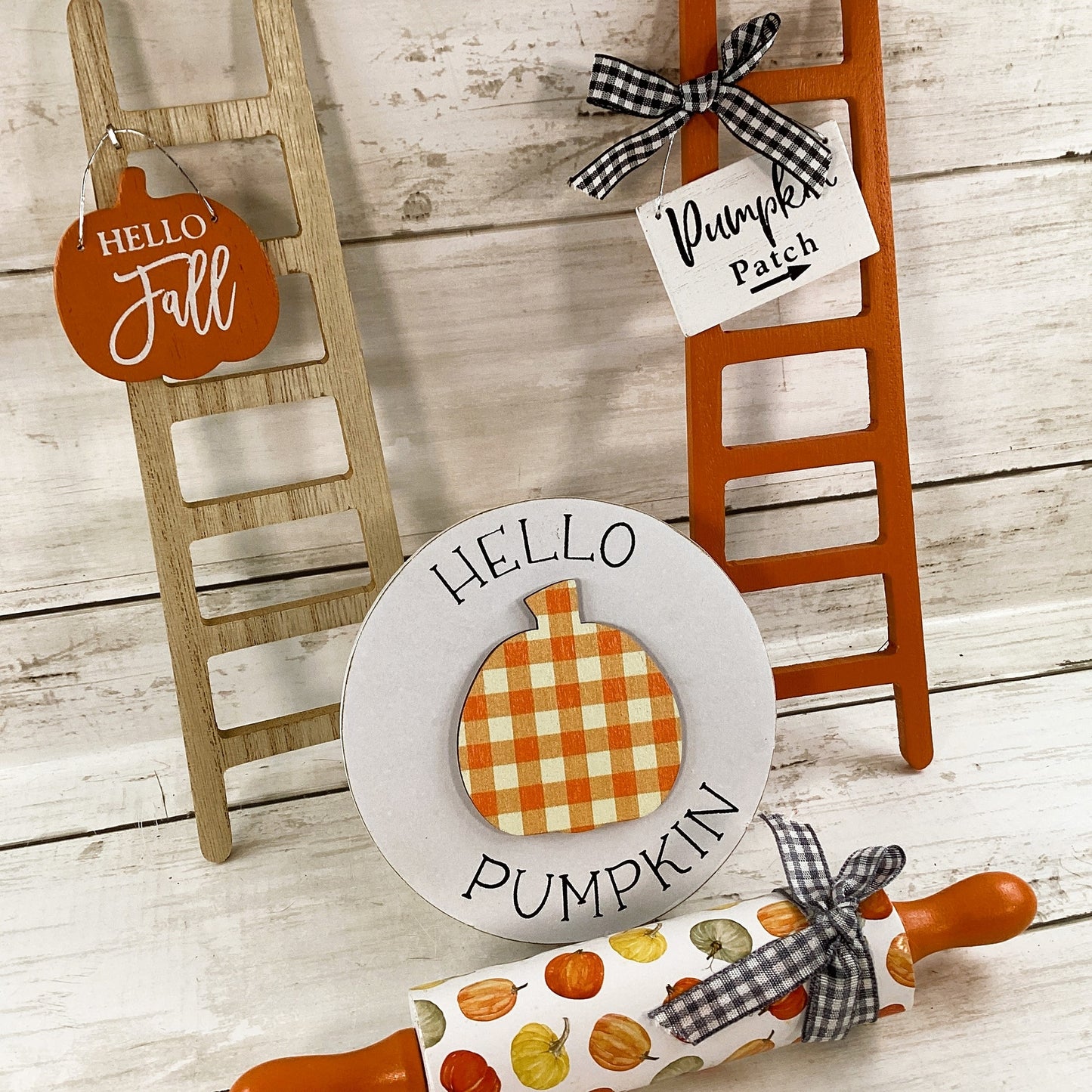HL Fall Decor - Hello Pumpkin Theme Ladder Rolling Pin Tier Tray 4pc Set