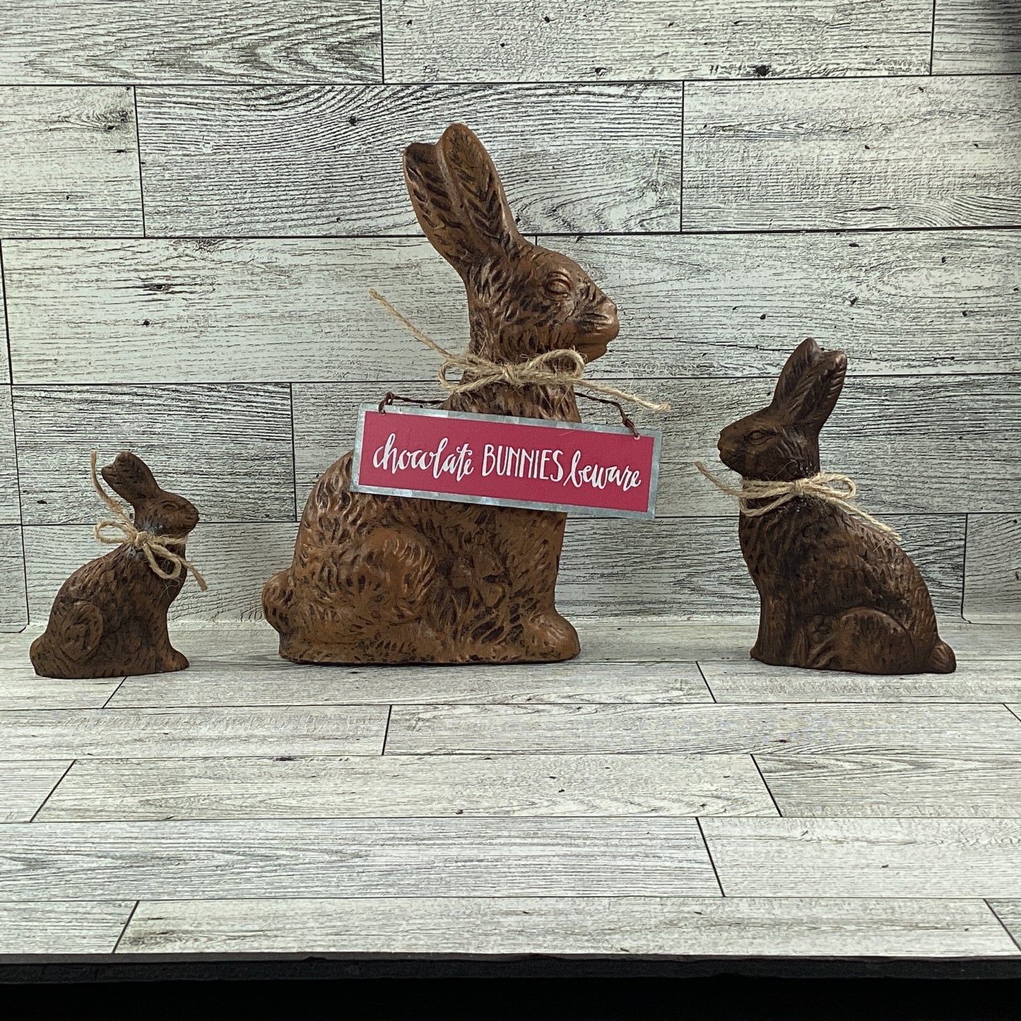 AGD Easter Decor - Resin Chocolate Bunny Beware Sitter 3pc Set