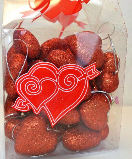 HL Valentines Decor - Red Glitter Hearts Ornament 30pc Set