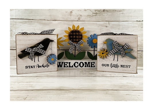 AGD Fall Decor - Farmhouse Welcome Sunflower Crow Blue Bird 3pc