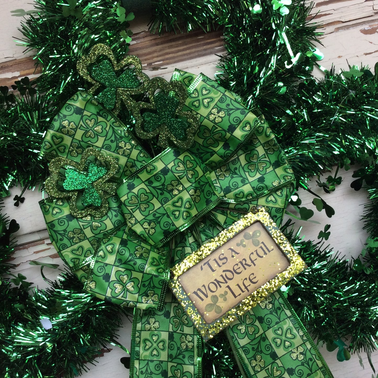 AGD St Patrick's Day Decor - Green Tinsel Shamrock Live Love Laugh Wreath