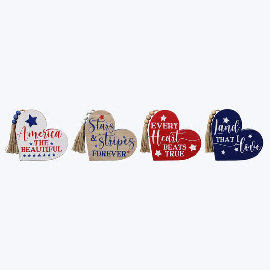 Youngs Patriotic Decor -July 4th Sentiment Chunky Heart Shape Signs 4pc
