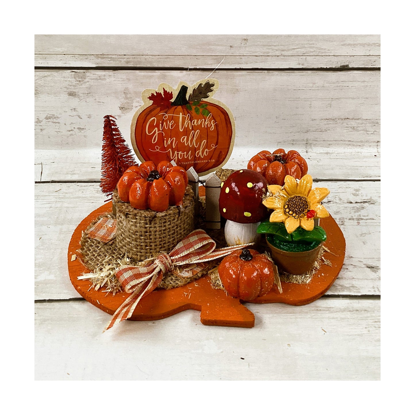 AGD Give Thanks Resin Figurine Scene on Pumpkin Base