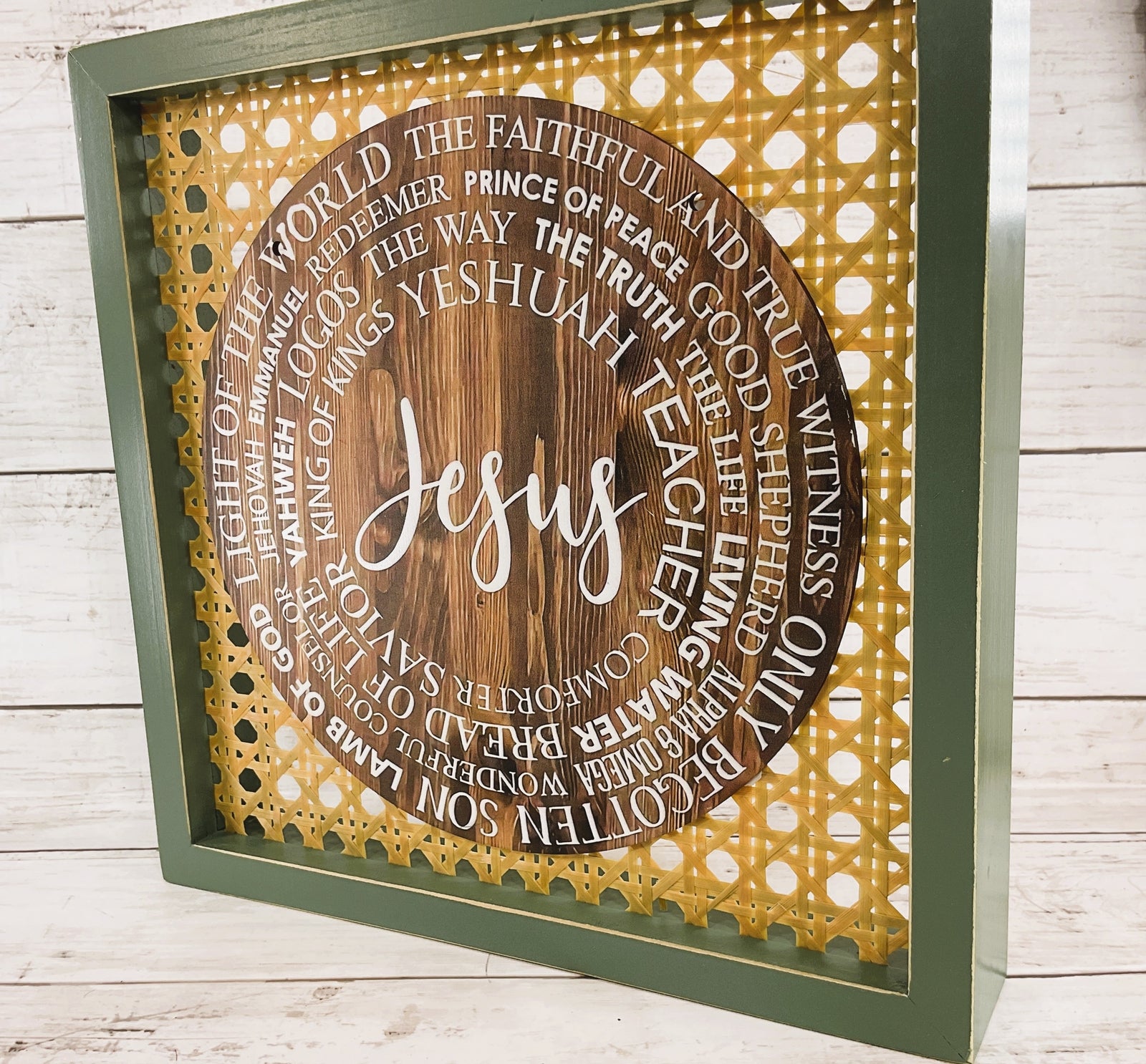 AGD Home Decor - Inspirational Name of Jesus Wood Rattan Sitter Sign