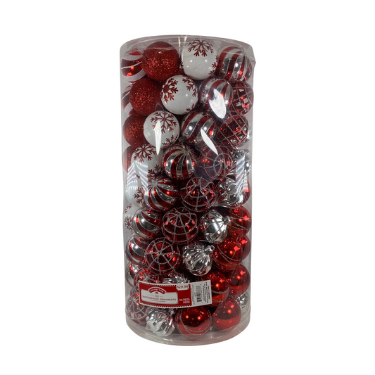 WM Christmas Decor - Assorted Red White Silver Plastic Ornament Bulbs 101 pc Set