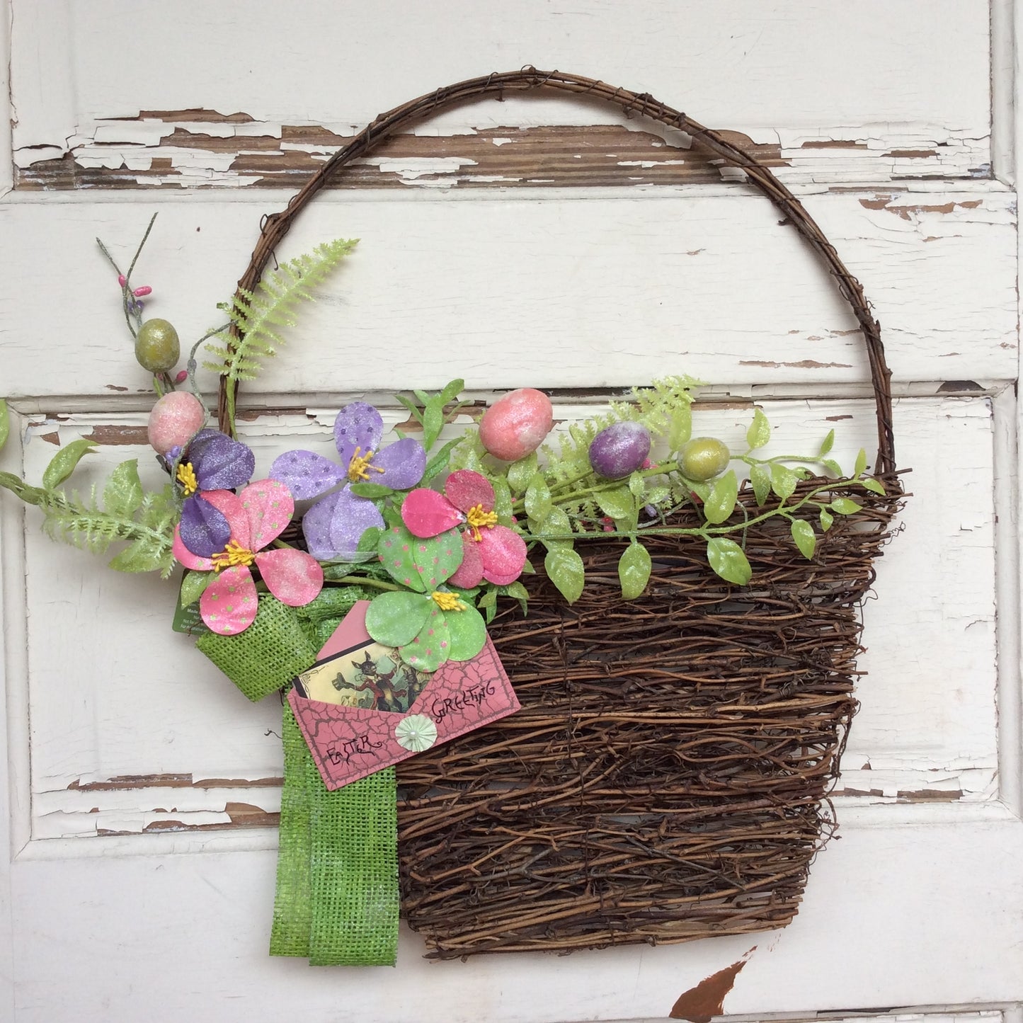 AGD Spring Easter Decor – Peach Easter Greeting Grapevine Basket Wreath