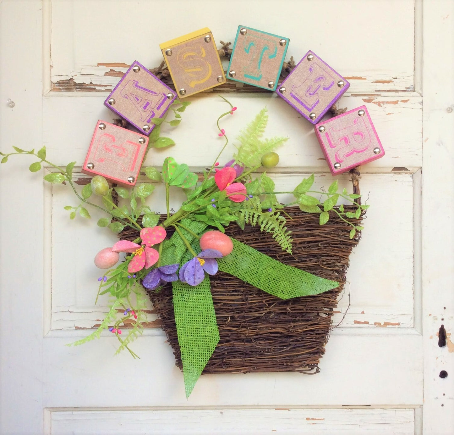 AGD Spring Easter Decor – Happy Easter Pink Glitter Grapevine Basket Wreath
