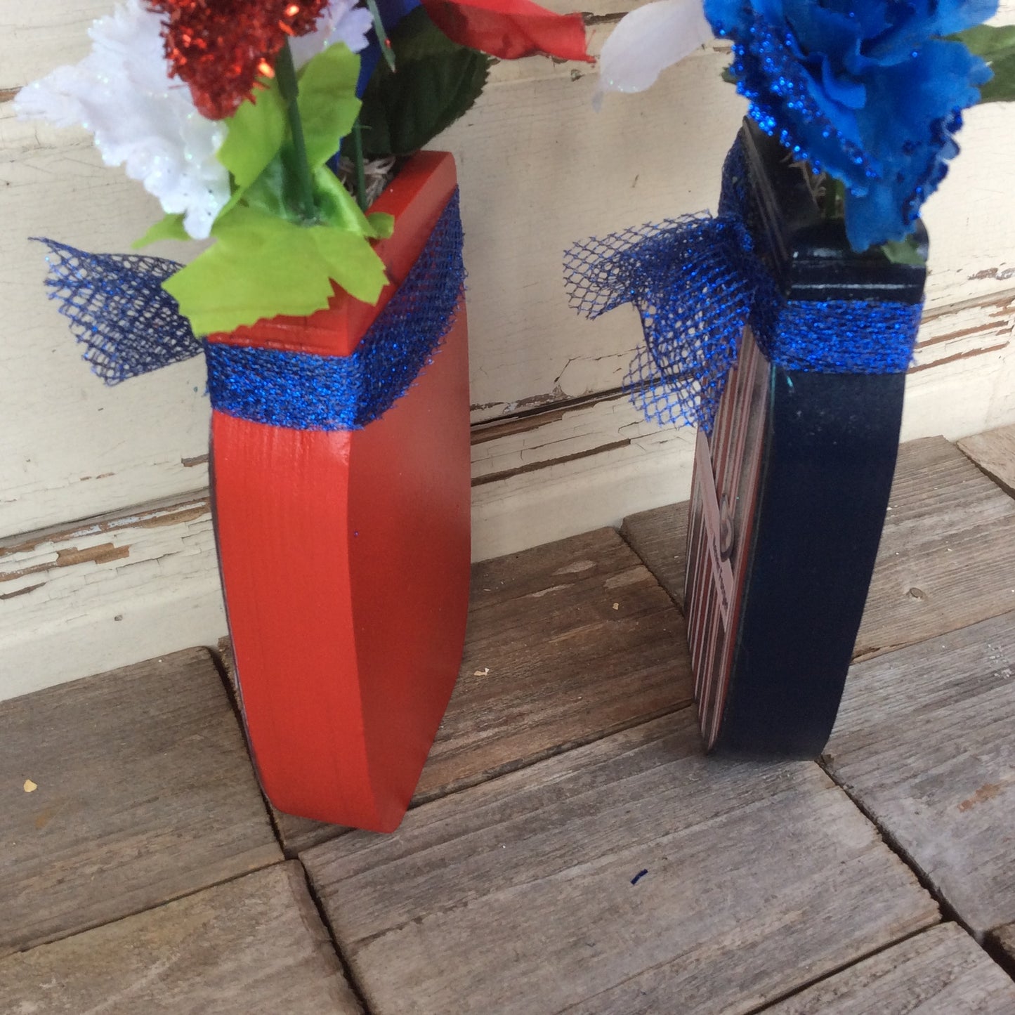 AGD Patriotic Decor - One Nation Sept 11th Floral Wood Mason Jar 2pc Set