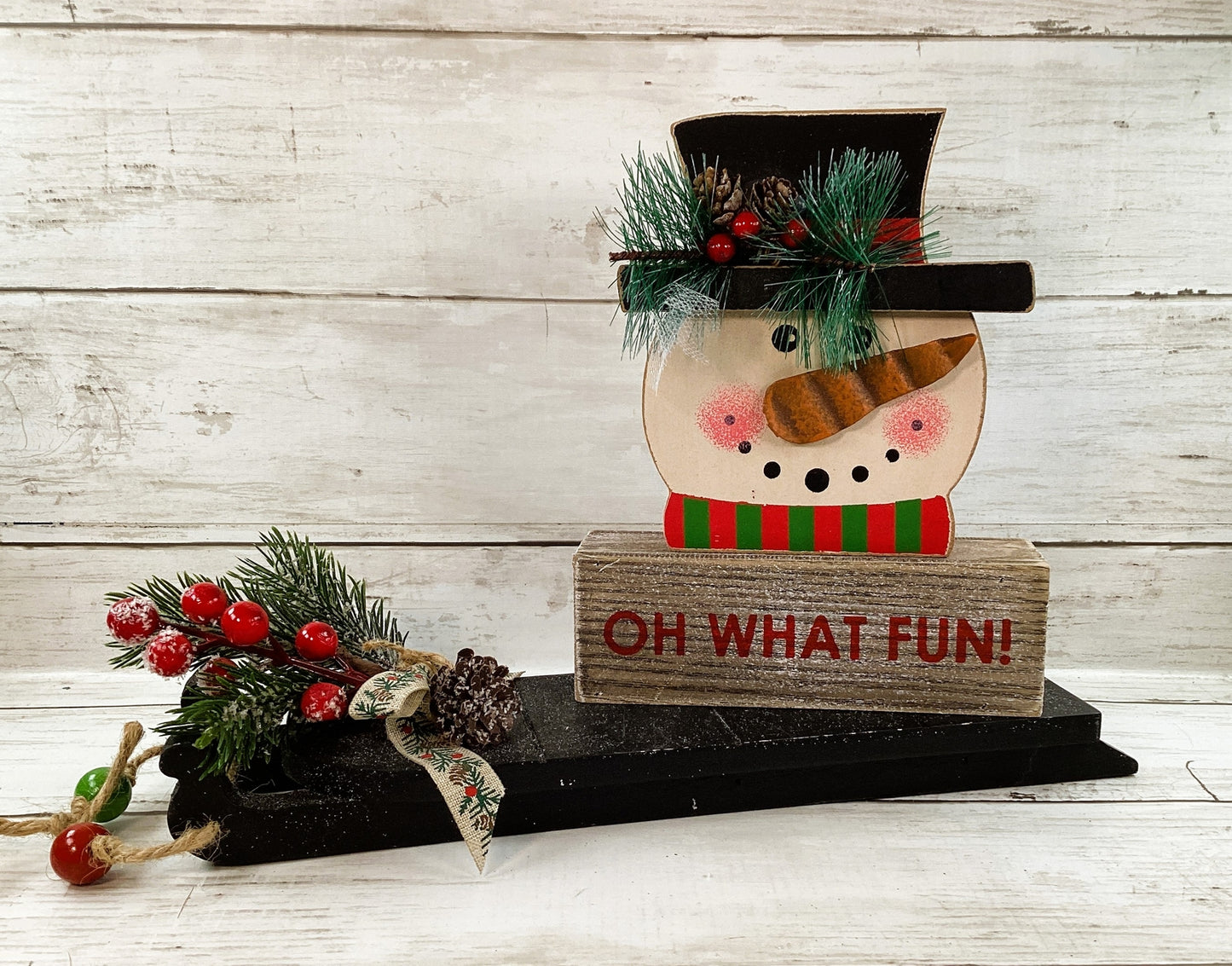 AGD Christmas Decor - Wood Snowman Oh What Fun Sled Display 4pc