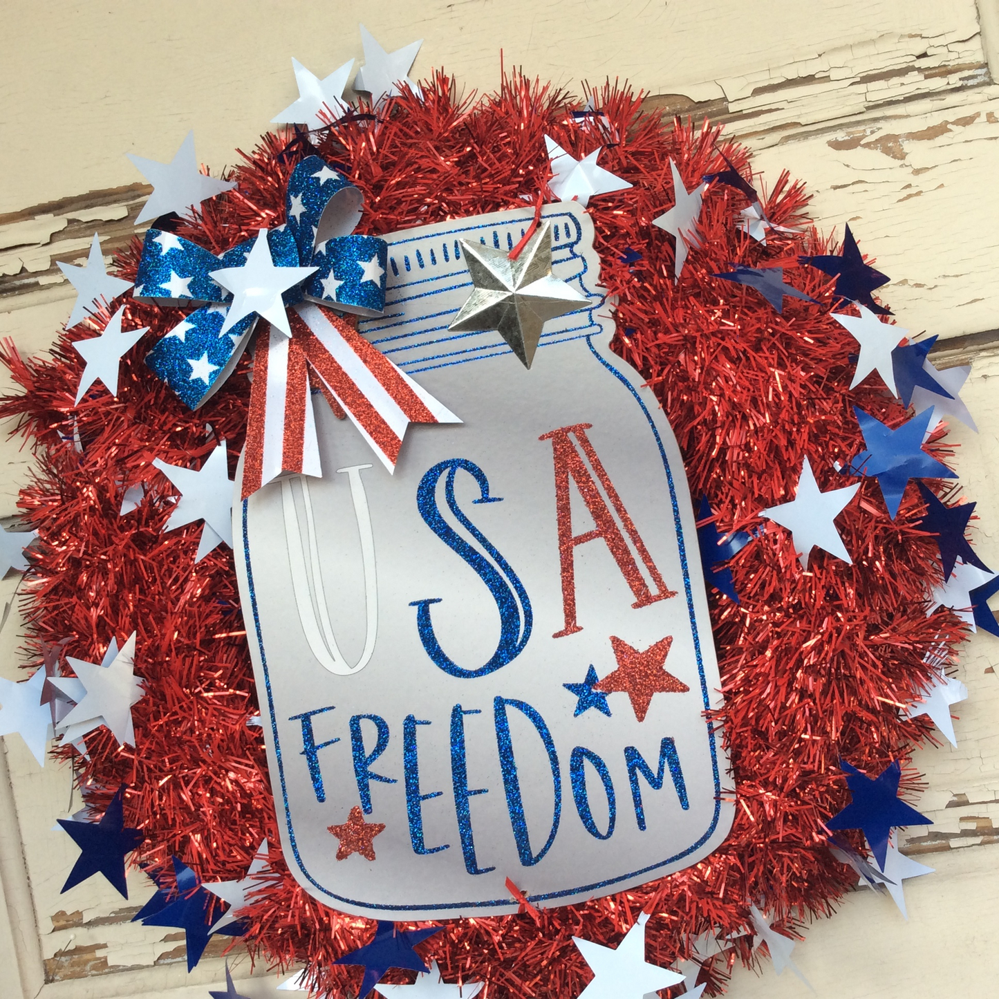 AGD Patriotic Decor - USA Freedom Mason Jar Tinsel Wreath