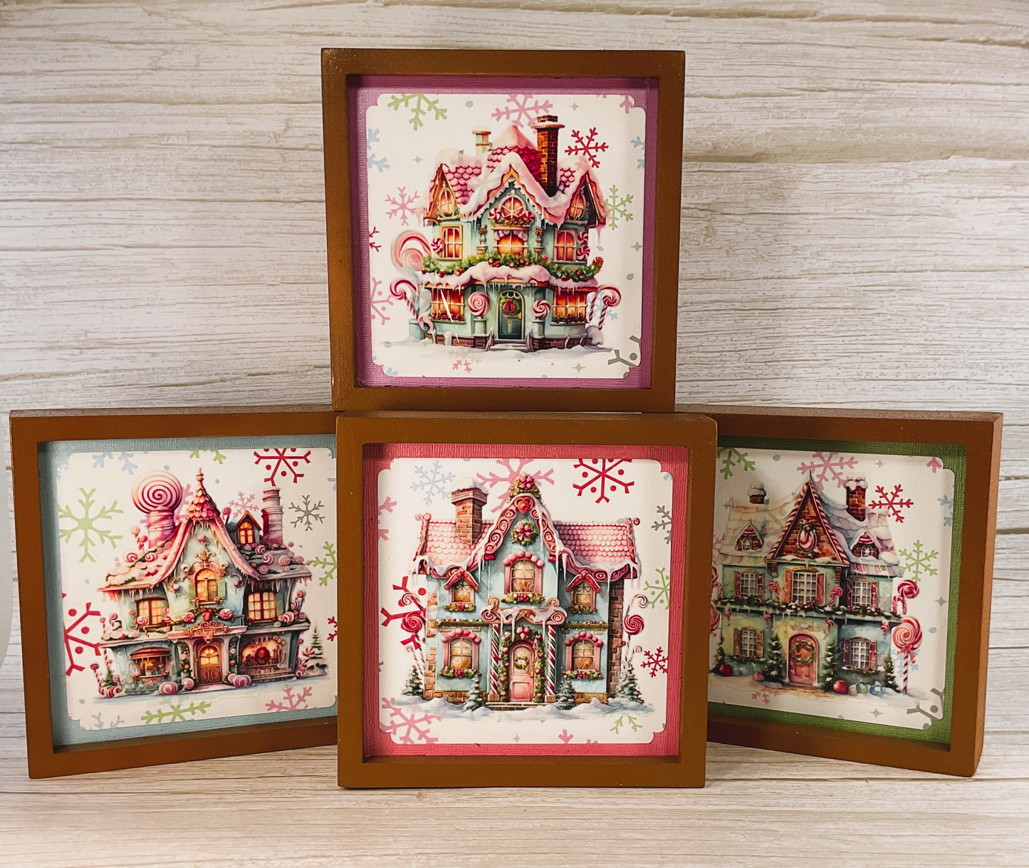 AGSD Christmas Decor - Pink Pastel Gingerbread Houses Tabletop Signs 4pc