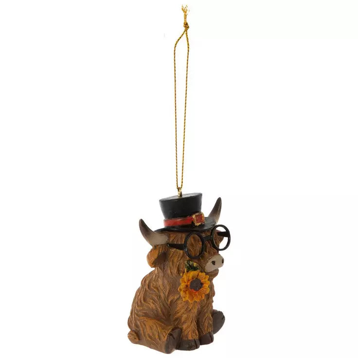 HL Fall Decor - Resin Highland Cow Top Hat Ornament