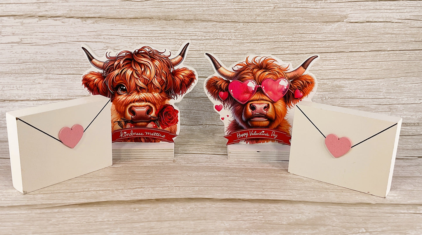 AGSD Valentines Decor - Glam Highland Cow Block Sign Tier Tray 4pc Set