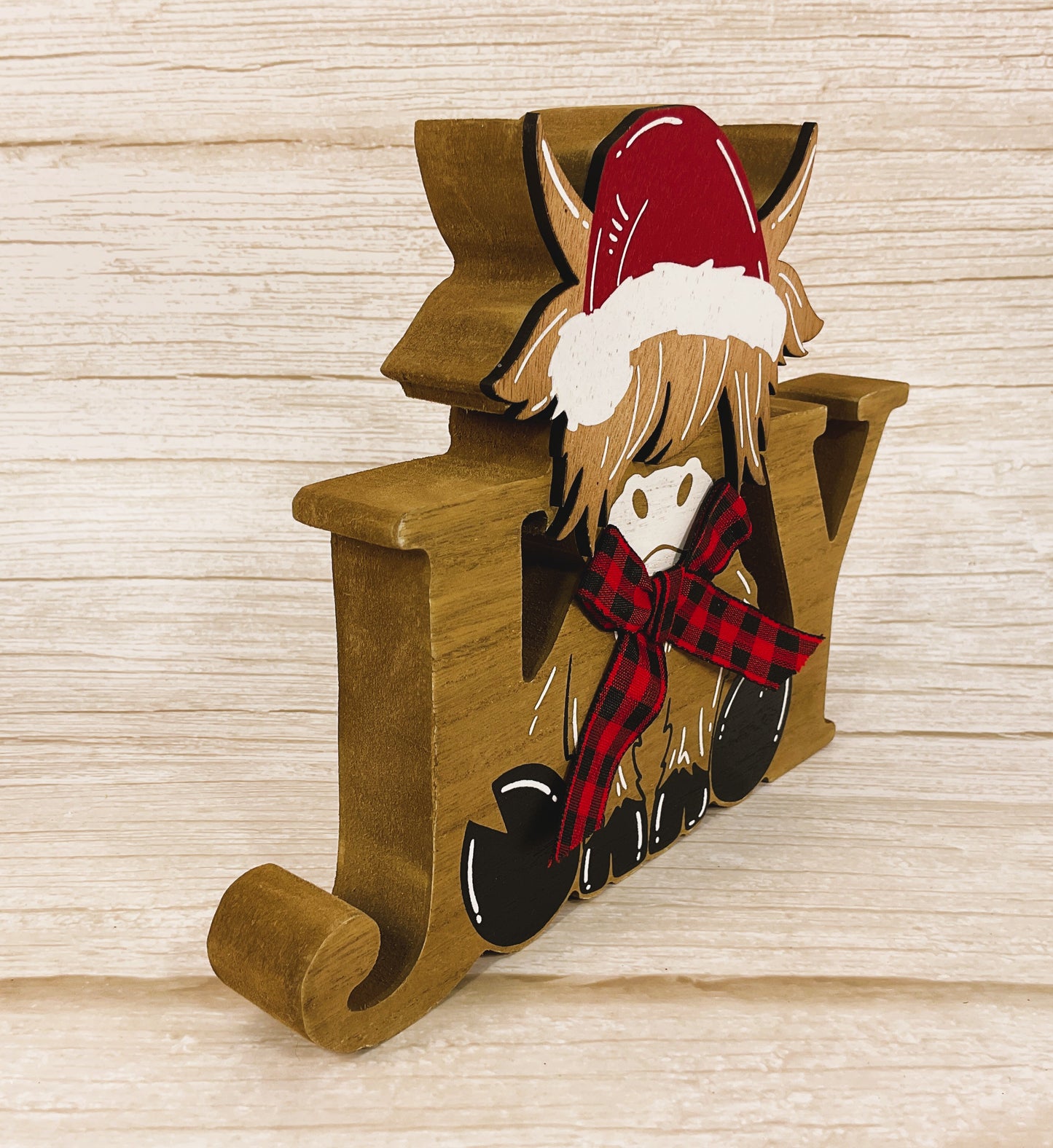HL Christmas Decor - Chunky Wood Joy Highland Cow Sitter
