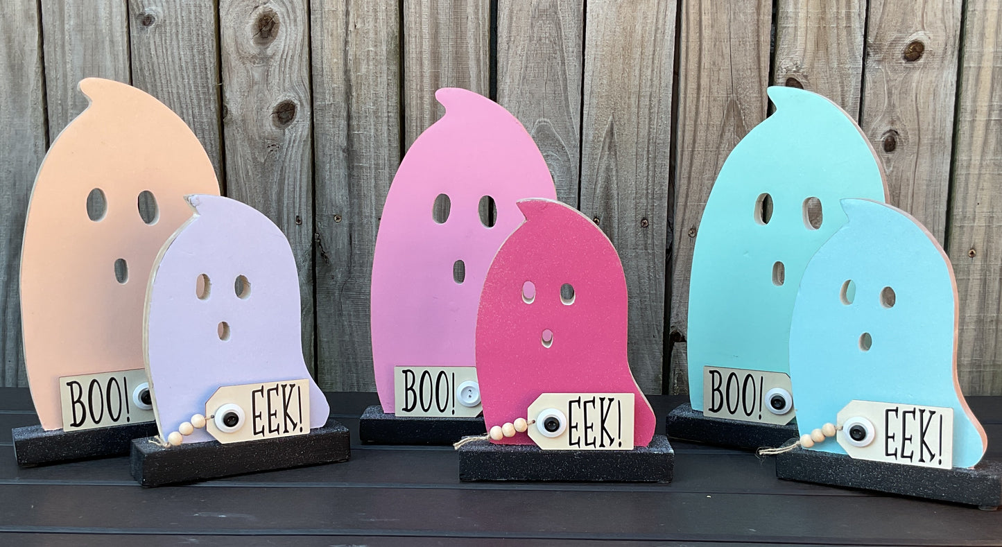 AGD Halloween Decor -  Large Chunky Blue Teal Wood Ghost Sitters 2pc