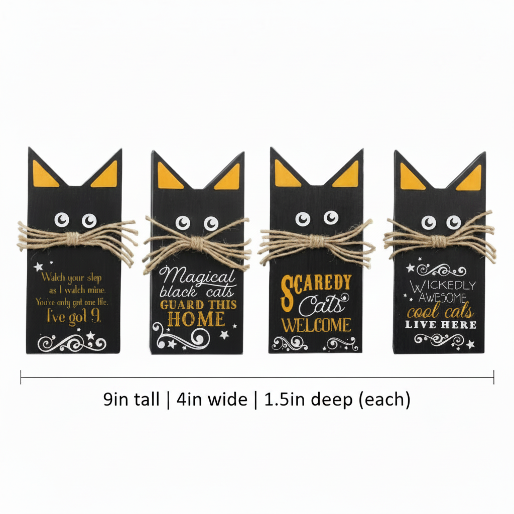 Youngs Halloween Decor - Prim Black Cats Chunky Wood 4pc Sitters