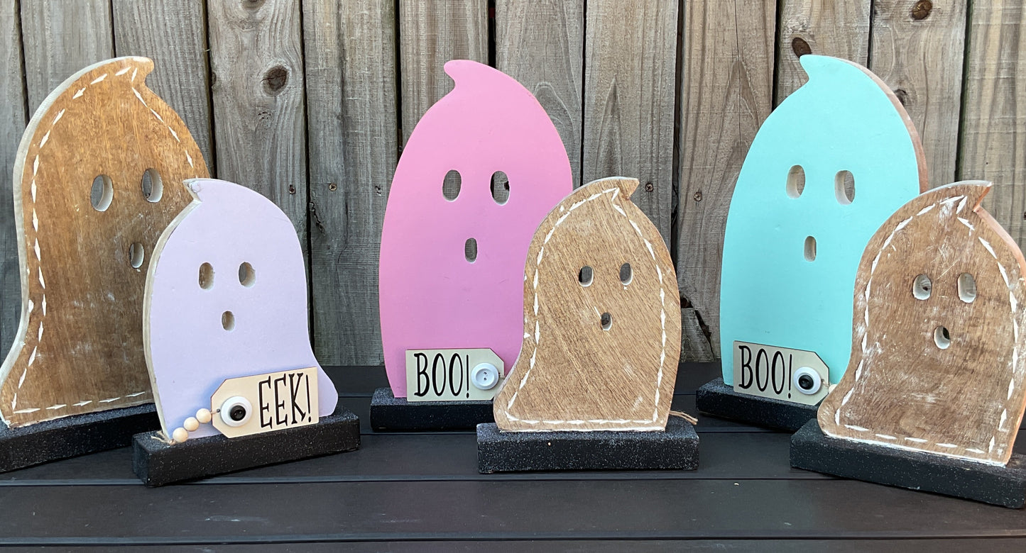 AGD Halloween Decor -  Large Chunky Blue Teal Wood Ghost Sitters 2pc