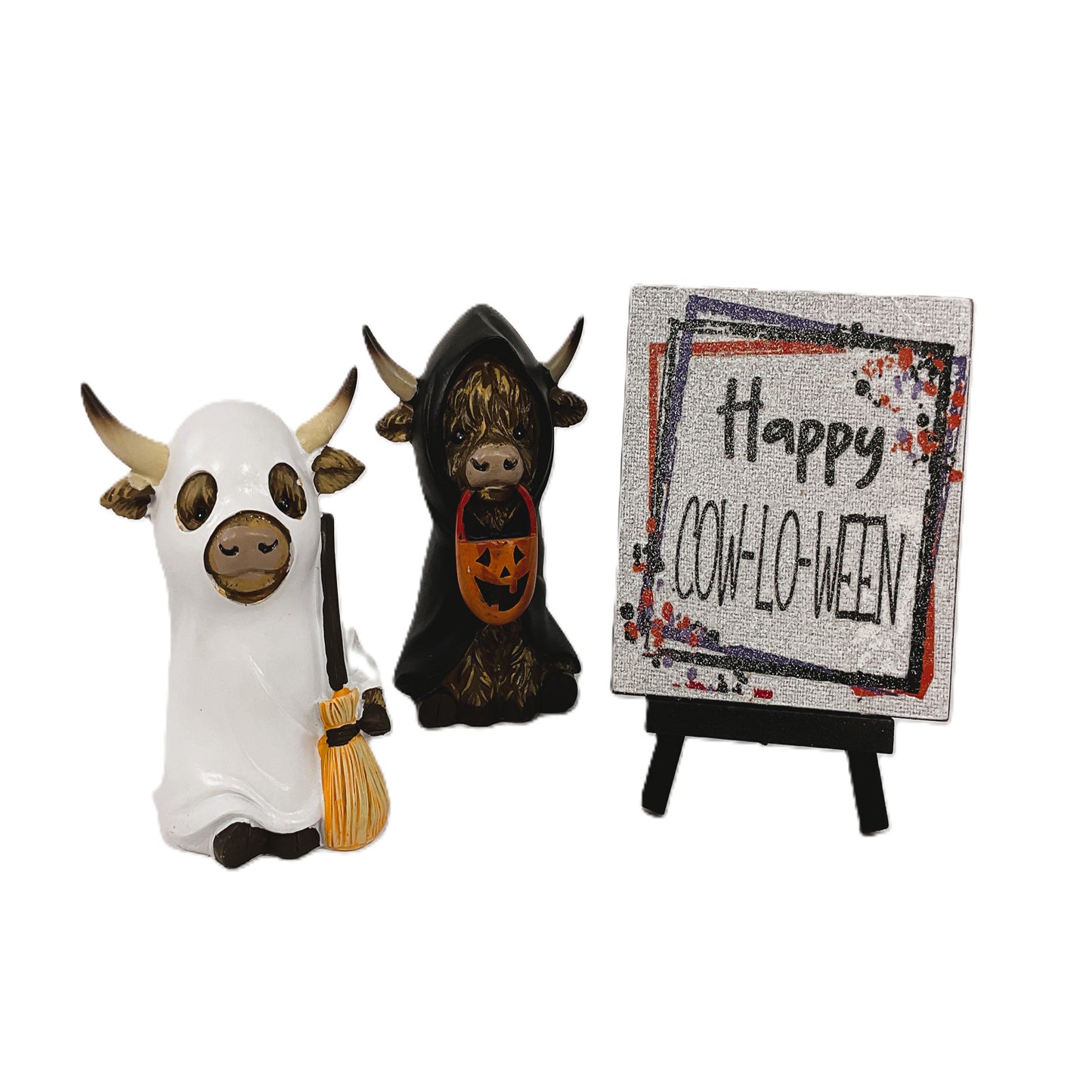 AGSD Halloween Decor - LED Resin Highland Cow Figurines & Sign 3pc Set