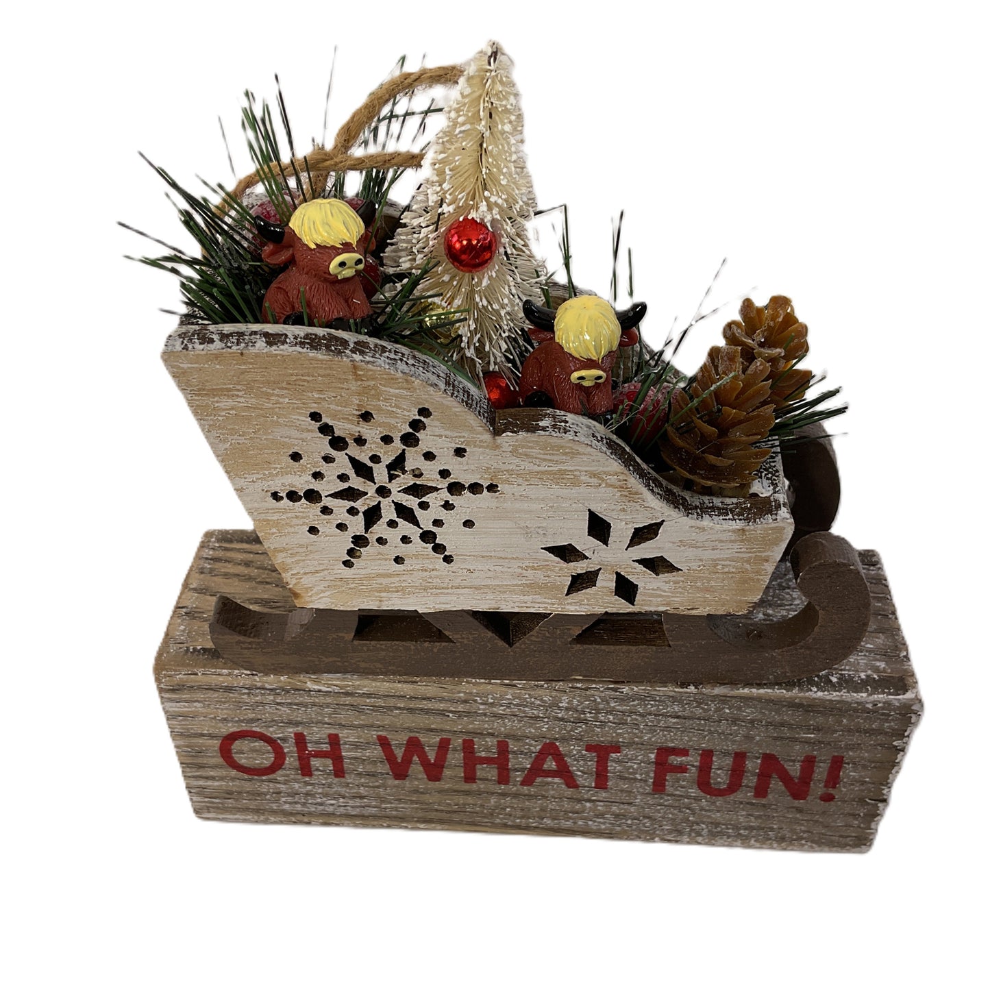 AGSD Christmas Decor - Oh What Fun Highland Cow Figurine Sled