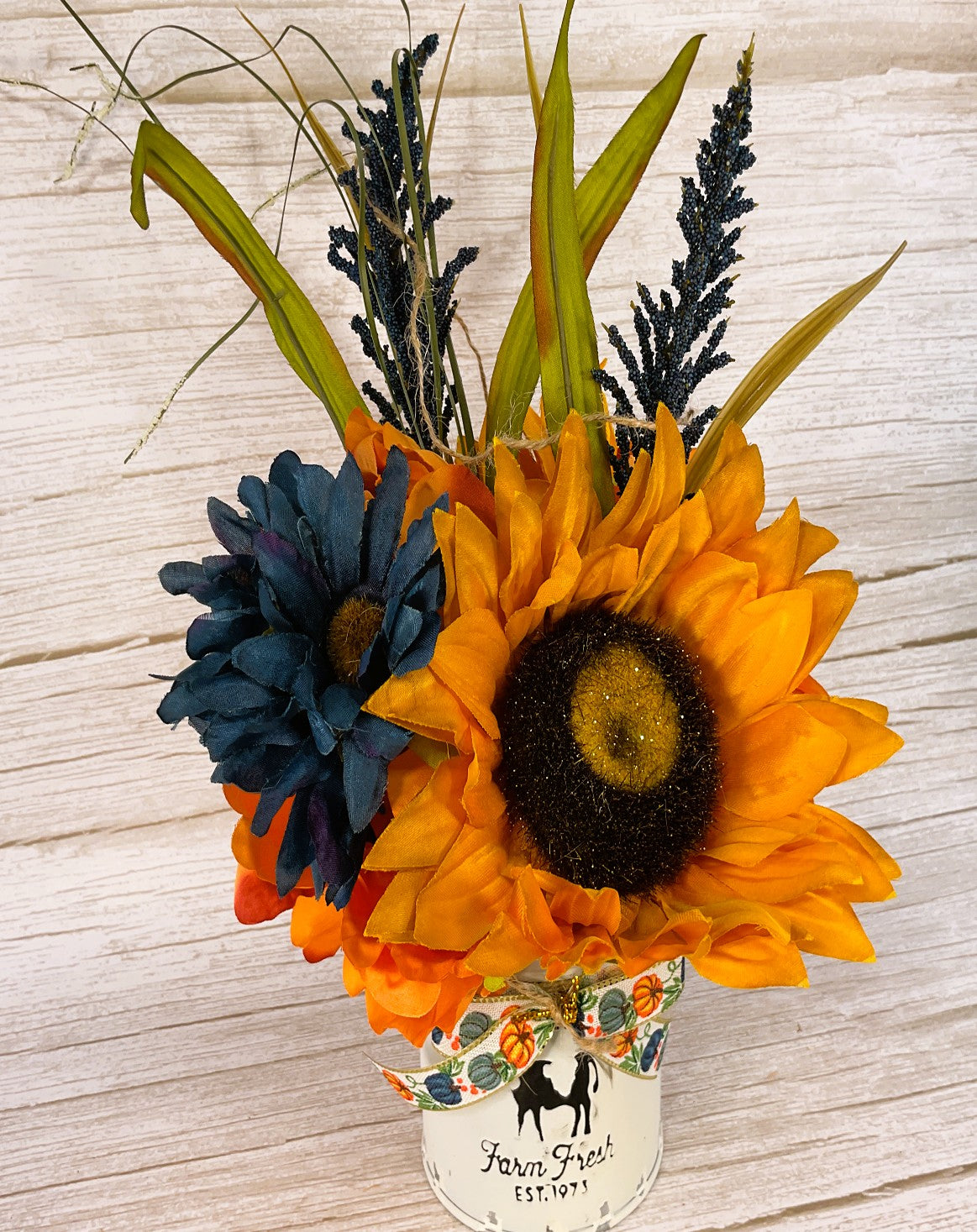AGSD Fall Decor - Orange Blue Sunflower Milk Can Floral Display