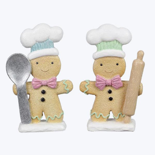 YI Christmas Decor - Pastel Gingerbread Baking Chef Resin Figurines 2pc