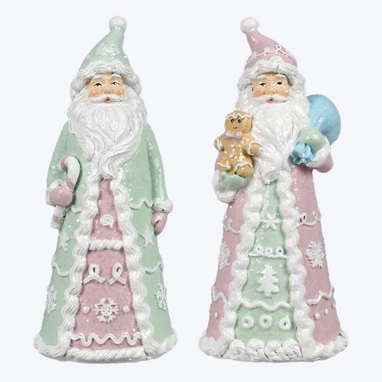 YI Christmas Decor - Gingerbread Pastel Green Pink Santa Resin Figurines 2pc Set #95770