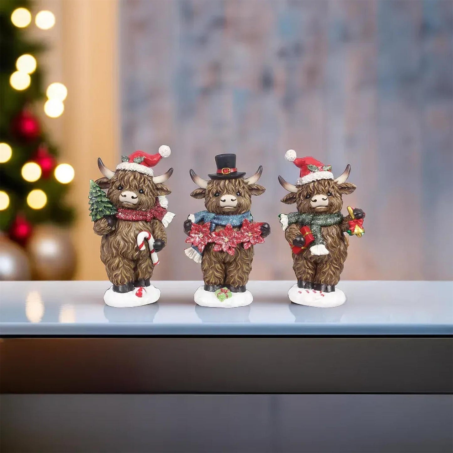 YI Christmas Decor - Standing Highland Cows Resin Tabletop Figurines 3pc