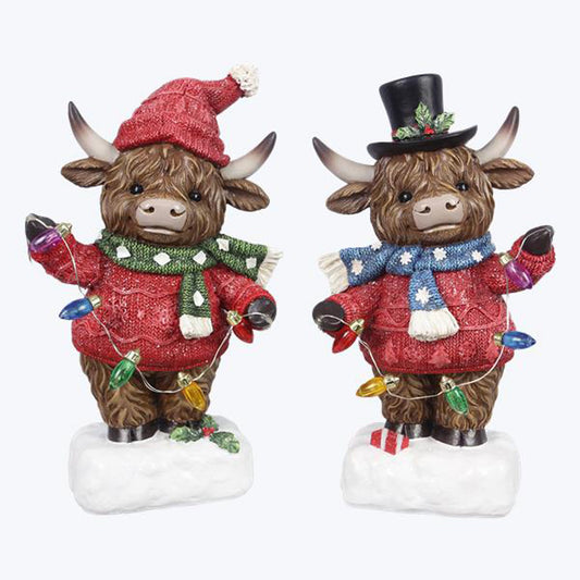YI Christmas Decor - Standing Highland Cows LED Resin Tabletop Figurines 2p