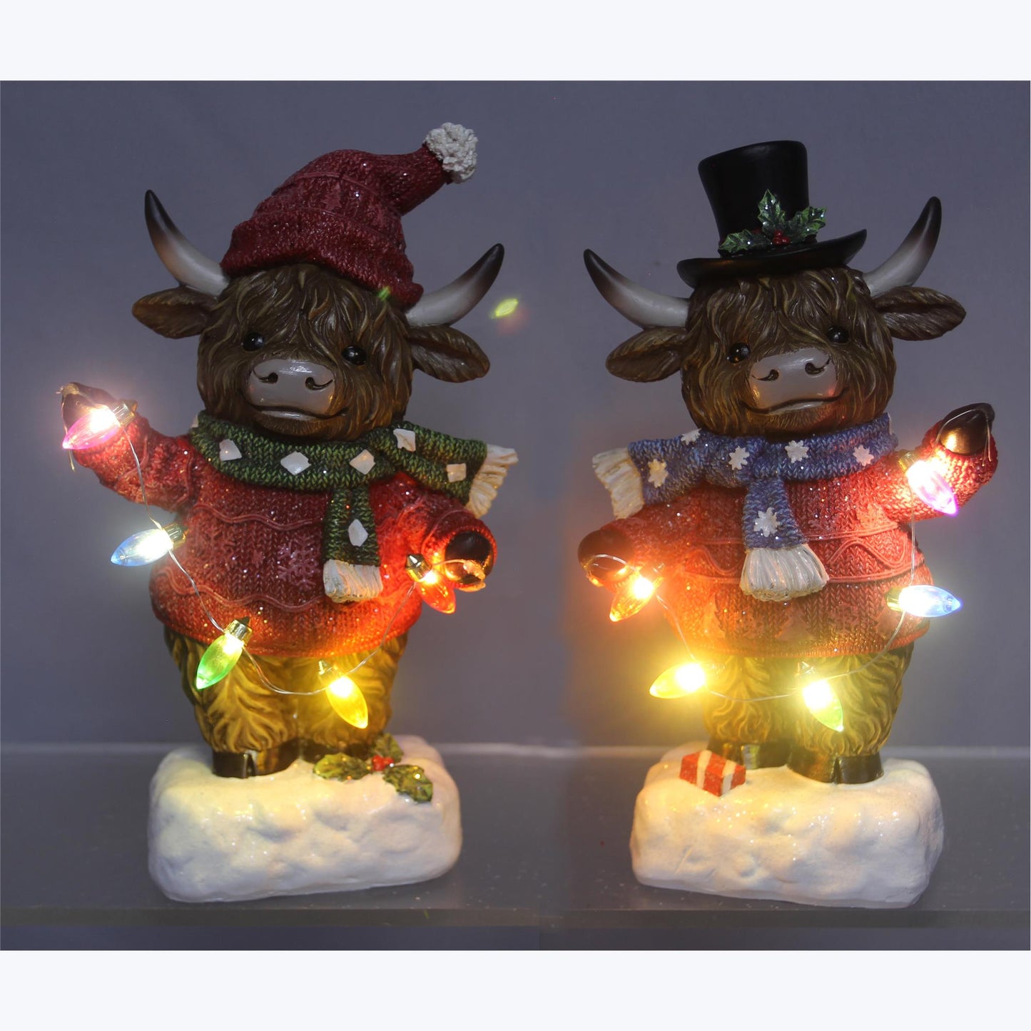 YI Christmas Decor - Standing Highland Cows LED Resin Tabletop Figurines 2p