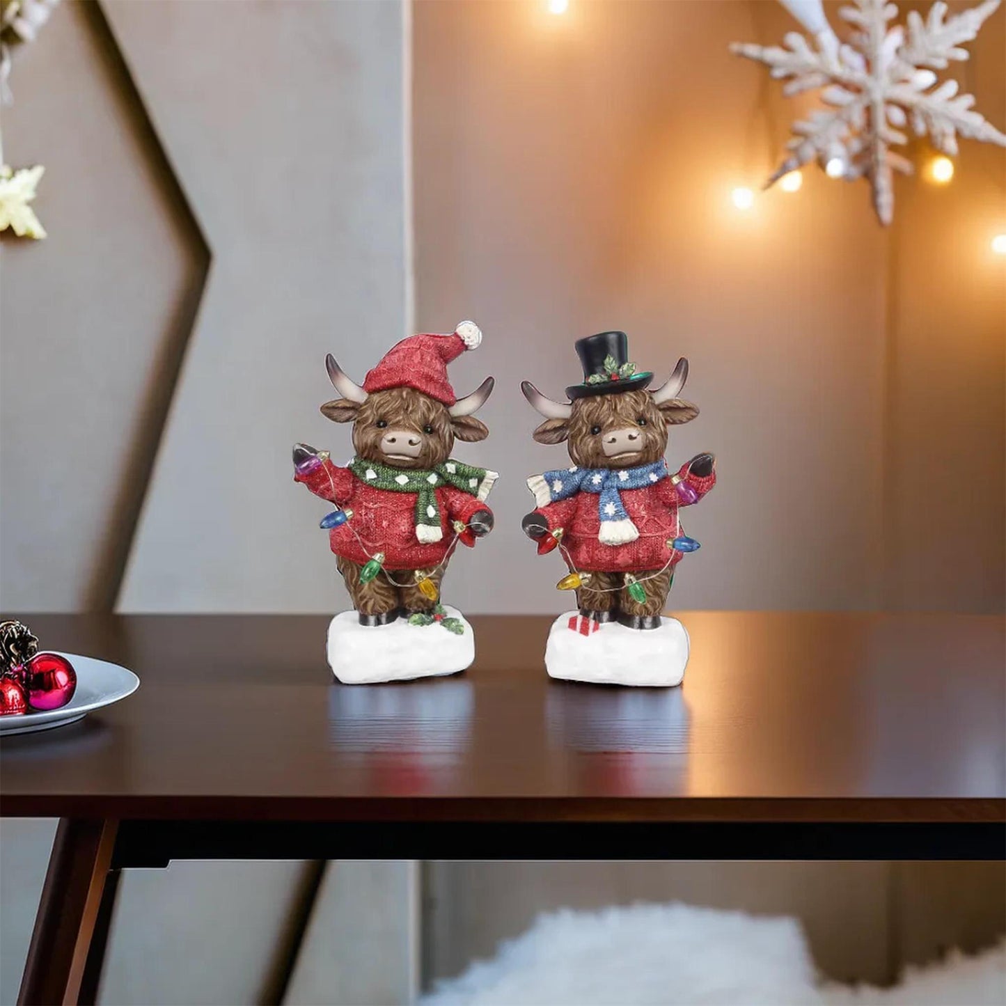YI Christmas Decor - Standing Highland Cows LED Resin Tabletop Figurines 2p