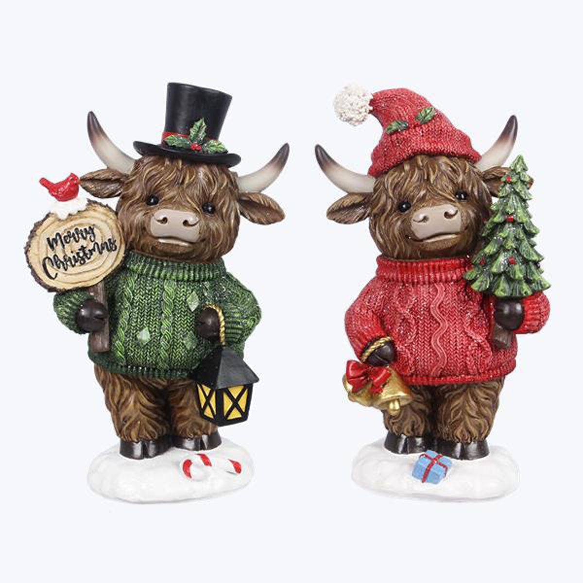 YI Christmas Decor - Sweater Highland Cows Resin Tabletop Figurines 2pc