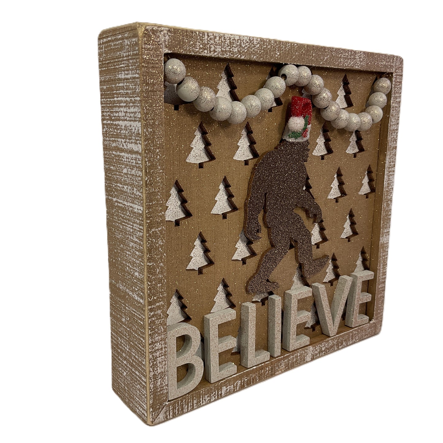 AGSD Christmas Decor - Believe Santa Bigfoot Tree Inset Box Sign
